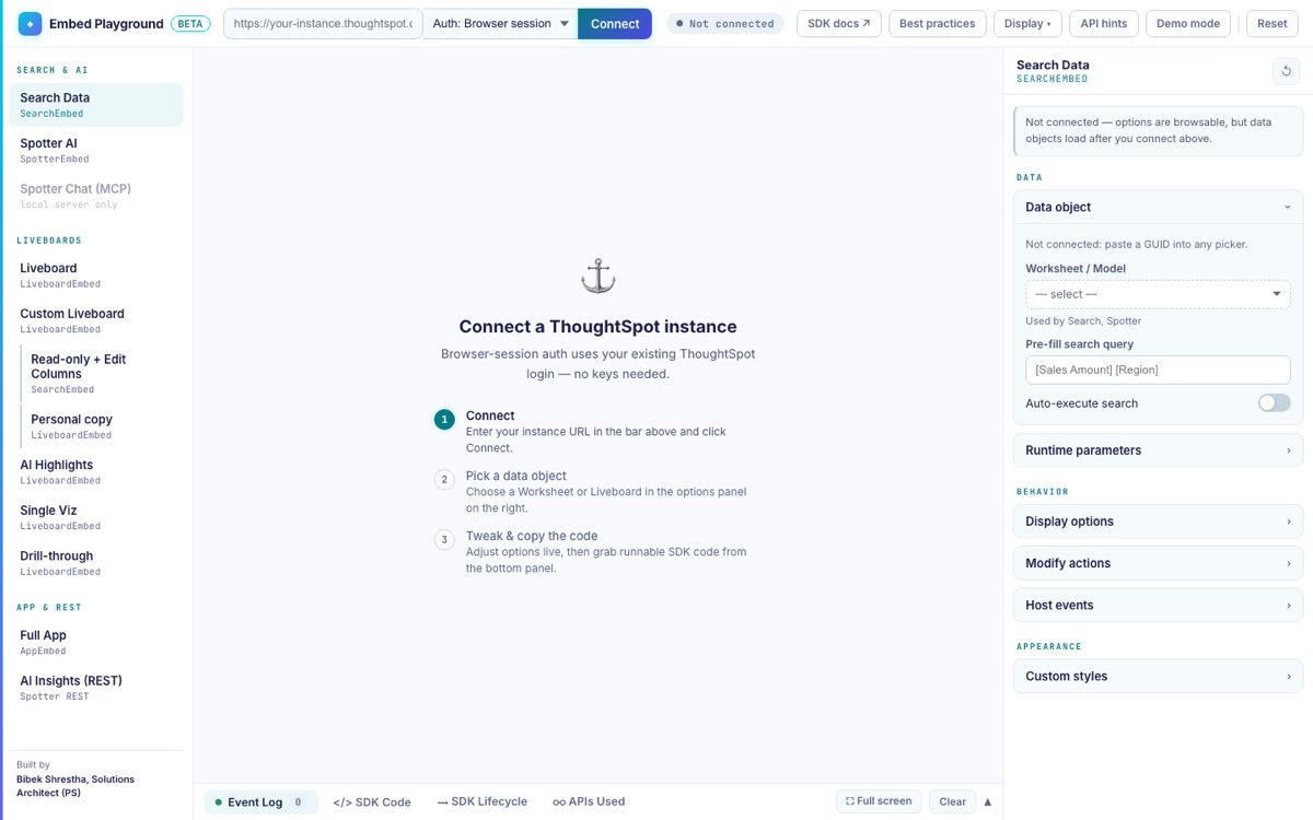 Embed Playground app with embed options and SDK panels