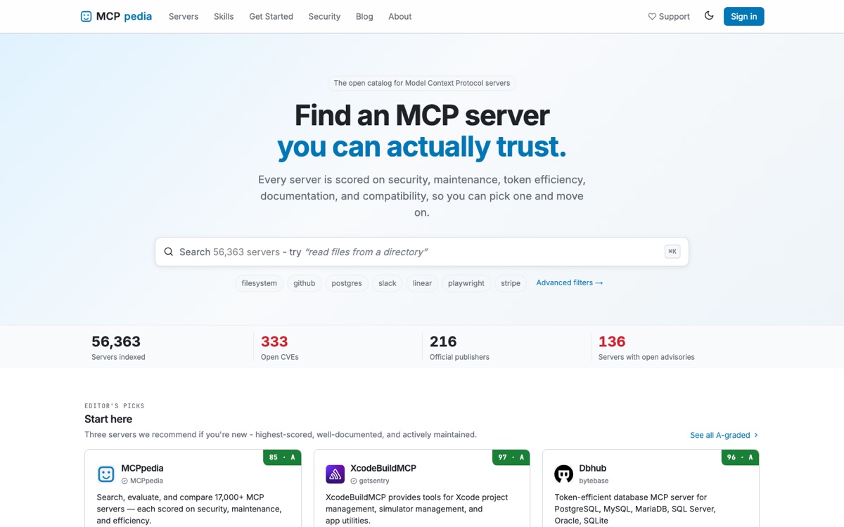 MCPpedia home page with server search and scores